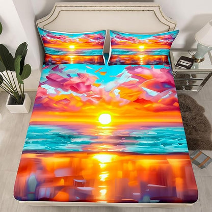 Beach Kids Queen Size Fitted Sheet,Ocean Coastal Sunset Sea Room Decor,Summer Hawaii Fashion Boys Girls Bed Sheets,Orange Blue Bedding Set,2 Pillowcases(No Flat)