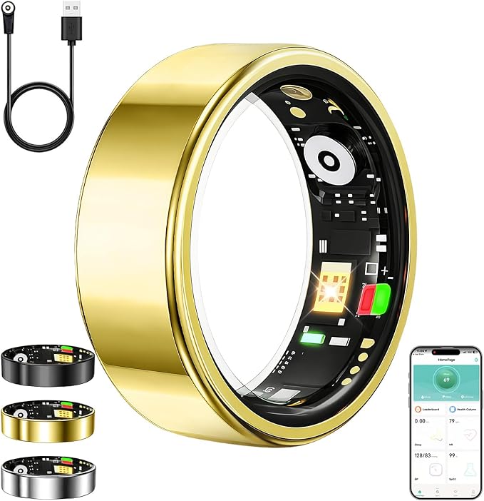 Smart Ring for Women Men,Fitness Tracker Ring with Heart Rate, Sleep Monitoring, Blood Oxygen, Step Counting for iOS and Android, No Subscription Fee, Waterproof, Valentines Day Gifts(Gold, 11)