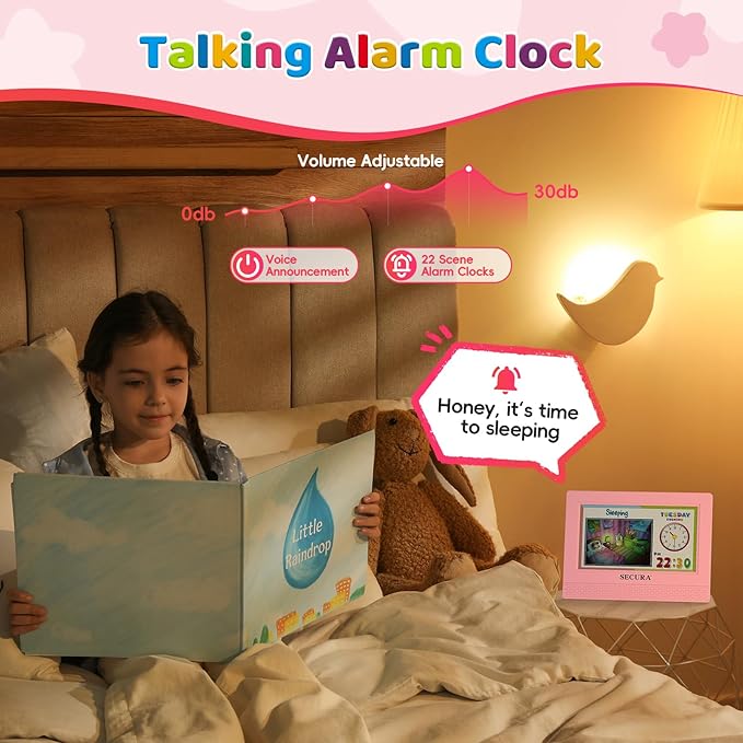 Secura TimeTact Reminder for Kids, 7" LED Talking Alarm Clock with Countdown Visual Timer, 17 Daily Reminders & 5 Custom Alarms Habit Reminder and Scheduler (Pink)