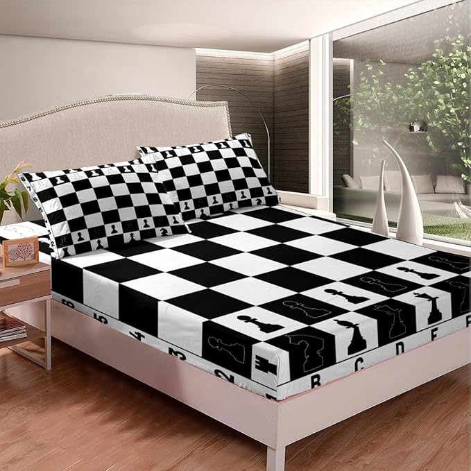 Checkerboard Fitted Sheet Set Full Size 4 Pcs,International Chess Modern Chess Sport Game Teens Sheets,Geometric Checker Plaids Grids Black White Bedding Sets (1 Fitted,1 Flat,2 Pillowcases)