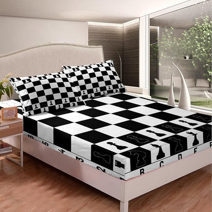 Checkerboard Bed Sheet King Set,International Chess Modern Chess Sport Game Sheet Sets Room Decor,Geometric Checker Plaids Grids Black White Bedding Set with Flat,Fitted Sheet,2 Pillow Cases