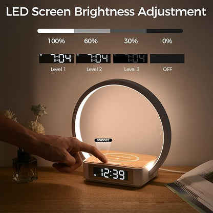 Desk Lamp with Alarm Clock Qi Wireless Charger, Touch Lamp for bedroom 3 Light Hues, Bedside Lamp 10W Max Wireless Charging Table Lamp LED Eye-Caring Reading Nightstand Light for Living Room