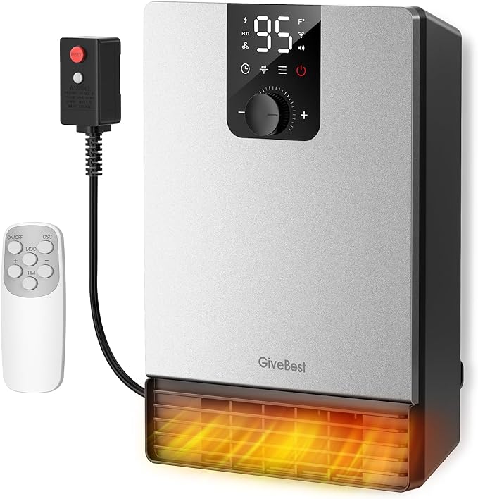 Wall Heater for Bathroom, 1500W Fast Heating Electric Space Heater with ALCI Plug, Adjustable Thermostat, 3 Heating Modes, 24H Timer, Easy Mounted Heater for Indoor Use, Home, Office, Silver