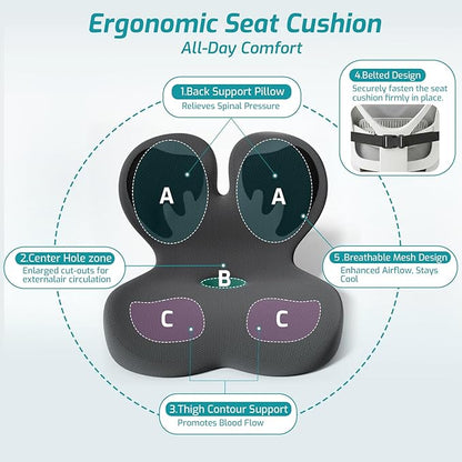 Trucker Seat Cushion, Car Seat Cushion Memory Foam Ergonomic Lumbar & Tailbone Support Pillow for Hemorrhoid, Coccyx & Sciatica Relief, for RV, SUV, Office Chair, Wheelchair (Black)