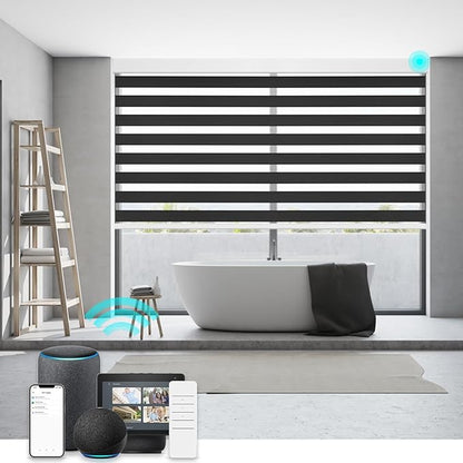 Changshade Custom Motorized Blinds Smart Zebra Roller Shades for Indoor Windows, Blackout Cordless Electric Power Automatic Remote Control Work with Alexa, Google Home, Apple Homekit,Smarthings,Black