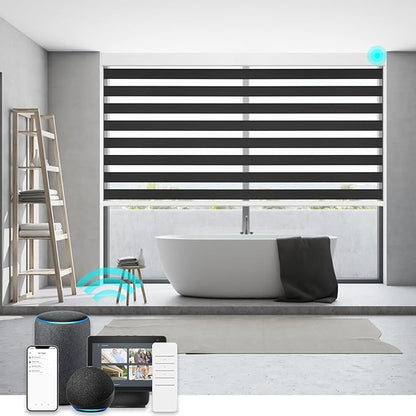 Changshade Smart Motorized Zebra Blinds Remote Control for Indoor Door Windows Blackout, Room Darkening Custom Size Shades Electric Power Automatic Work with Alexa, Google Home, Apple Homekit, Black