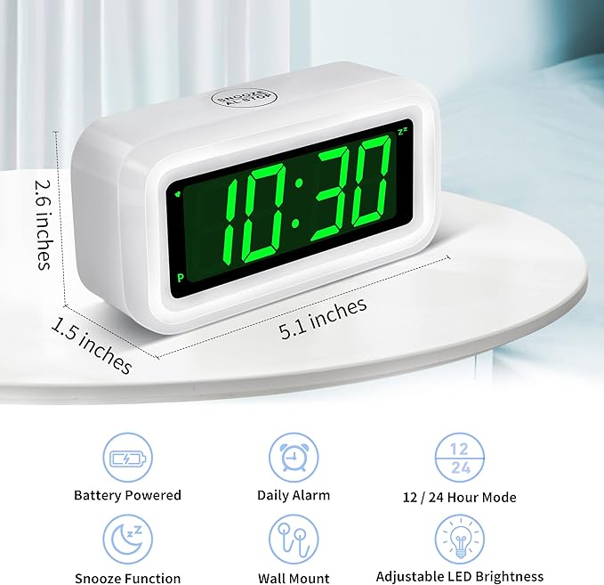 KWANWA 12 Inch Large Display Digital Alarm Clock for Kids & Adults, Dimmable LED Clock with Adjustable Brightness, Easy Snooze, Battery Operated Cordless Desk Clock for Bedroom, Kitchen, (White