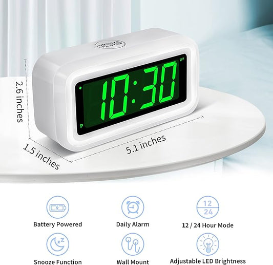 KWANWA 12 Inch Large Display Digital Alarm Clock for Kids & Adults, Dimmable LED Clock with Adjustable Brightness, Easy Snooze, Battery Operated Cordless Desk Clock for Bedroom, Kitchen, (White