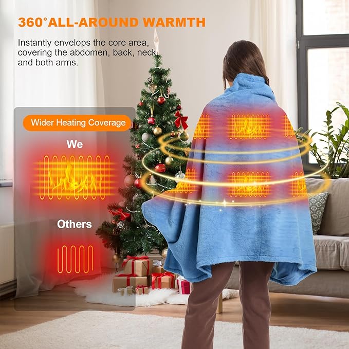 16000mAh Heated Blanket Battery Operated Soft Cordless Heated Blanket Shawl Portable Heated Throw Blanket Poncho Wraps Fast Heating with 3 Heat Levels 6 Heating Zones