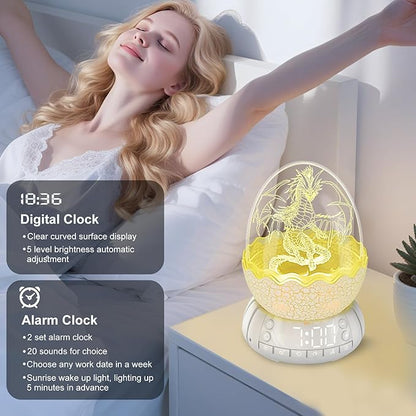 Novelty Alarm Clock with Sunrise Simulation Dragon Egg lamp, 20 Soothing Sounds & Bluetooth Speaker, Portable Touch Control Egg Night Light, Timer Sleep Aid, Unique Gift/Decor