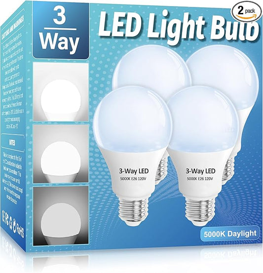 3 Way LED Light Bulbs 4 Pack, 3 Way Light Bulbs 30 70 100 Daylight White 5000K,E26 Medium Base A19 Three Way Light Bulb, Indoor 3way Bulb for Reading