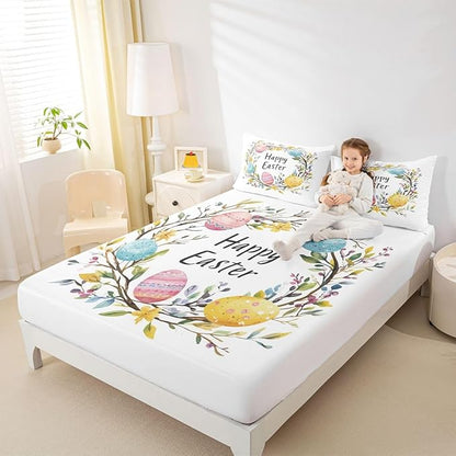 Happy Easter Fitted Sheet Queen Size Flowers Floral Easter Eggs Bedding Set for Kids Bedroom Spring Holiday Farmhouse Bed Sheet Set 3pcs White Colorful Deep Pocket Mattress Cover,No Top Flat