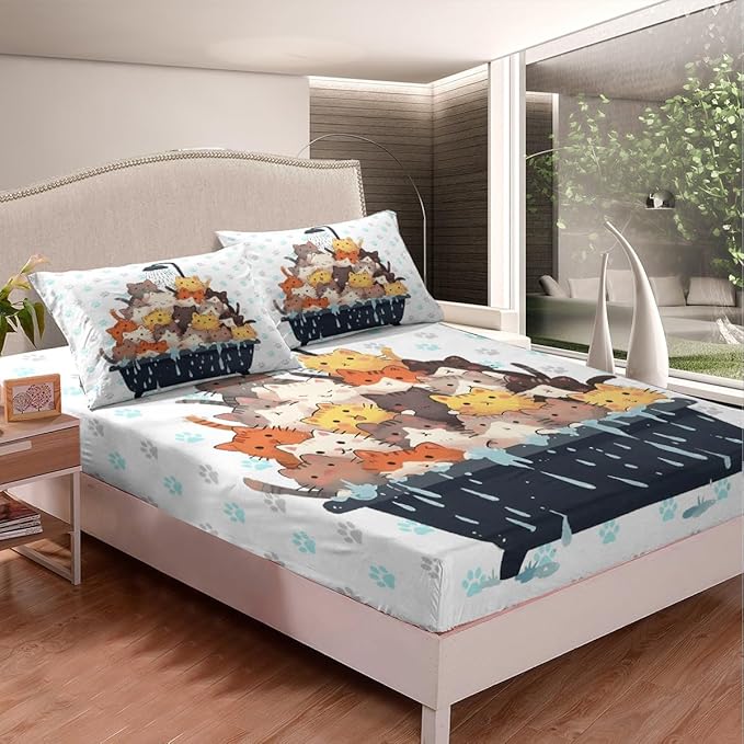 Cartoon Cats Fitted Sheet Twin 2 Pcs,Bathing Cats Watercolor Graffiti Soft Microfiber Sheets Breathable Bedding(No Top Sheet),Grey Blue Cat Paw Print Bedsheet with Deep Pocket