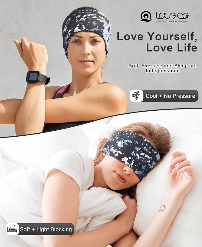 LOVE EYE Sleep Headphones Wireless Headband Headphones Bluetooth 5.4 for Side Sleeper Bluetooth Headband Earphones for Sports for tech Gadgets Gifts (Painting Black)