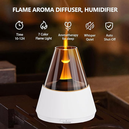Flame Essential Oil Diffuser, Upgrade 7 Colour Lights Aromatherapy Diffuser, Oil Diffuser, Air Humidifier, Aroma Diffusers for Home, Bedroom, Office, Yoga, Timer & Waterless Auto Off (White)