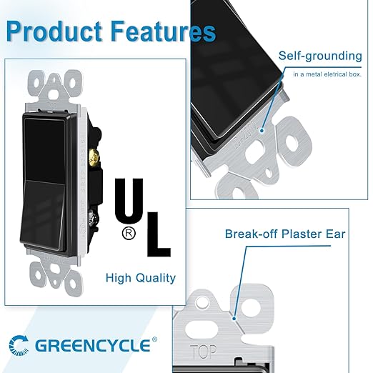 Greencycle Black 3 Way Light Switch,40PK Three Way Single Pole Switches, 15A 120-277V Rocker Paddle Wall Switch,On Off Switches, Self-Grounding, UL Certified,Residential and Commercial Grade
