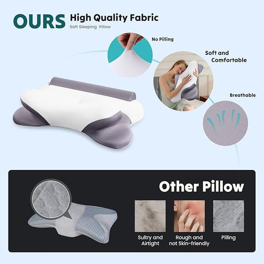 Sweetcrispy Cervical Neck Pillow - Contour Memory Foam Pillow for Neck Pain Relief with Cooling Pillowcase, Ergonomic Orthopedic Support for Side Back Stomach Sleepers, White & Grey