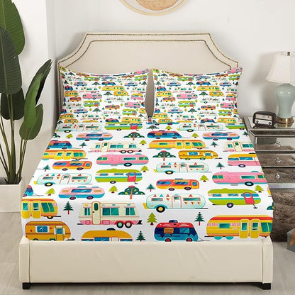 Colorful Camper Truck Kids Fitted Sheet Full Size,Adventure Camping Rustic Nature Bedding Set,Boys Girls Room Decor,RV Trailer Pine Trees Bed Cover,White Bed Sheet,2 Pillowcases(No Top Sheet)