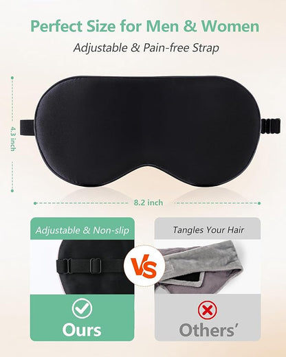 BeeVines Sleep Mask, 2 Pack 100% Real Natural Silk Eye Masks with Adjustable Strap for Sleeping, Mulberry Silk Eye Sleep Shade Cover, Blocks Light Reduces Puffy Eyes Traveling Gifts (Black & Black)