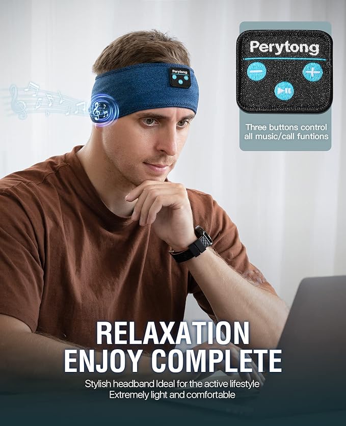 Perytong Sleep Bluetooth Headphones Headband, Sleep Headphones for Side Sleepers, Comfortable Sleeping Headband with Thin Wireless Earphones Microphone Handsfree Ideas for Women Men, PES01