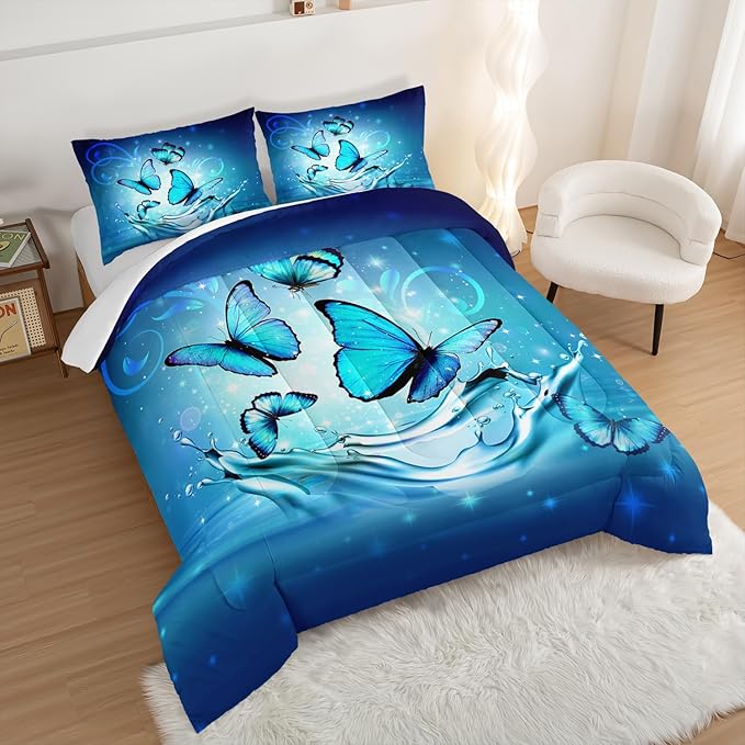 Fantasy Blue Butterfly Comforter Set King Size,Butterflies on Water Flash Bedding Sets 3 Pieces,Blue Series Aesthetic Bedding for Kids Girls Boys Room Decor with 2 Pillowcases.
