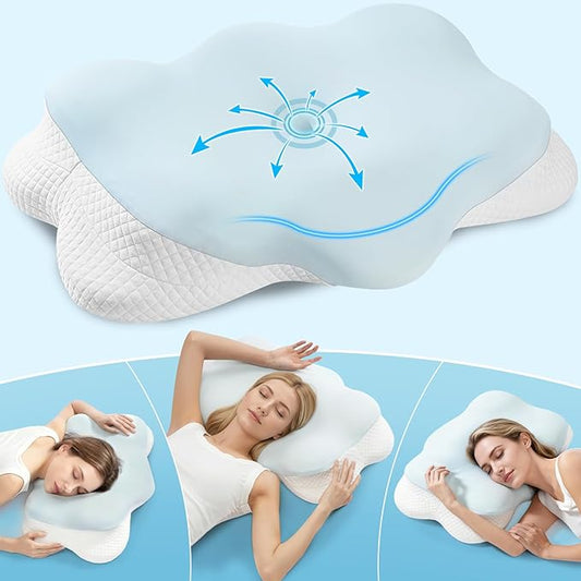 Cervical Pillow for Neck Pain Relief, Adjustable Ergonomic Contour with Orthopedic Memory Foam, Full Support for All Sleeping Positions (Side Back Stomach), Odorless (Blue-White)