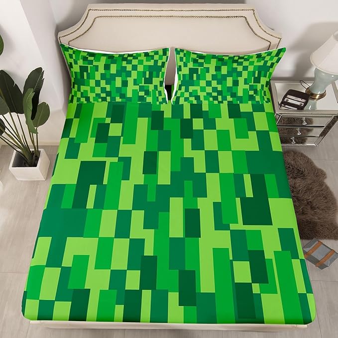 Pixelated Game Kids Queen Size Fitted Sheet,Video Games Gamepad Abstract Room Decor,Gaming Geometric Square Boys Girls Bed Sheets,Green Brown Bedding Set,2 Pillowcases(No Flat)