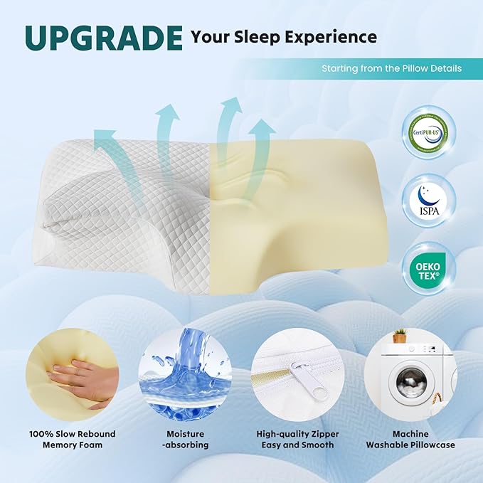 Sweetcrispy Memory Foam Cervical Pillow, 2 in 1 Ergonomic Contour Orthopedic Pillow for Neck Pain, Contour Side Sleeper for Adults, Orthopedic Neck Support for Back Stomach Sleepers, White