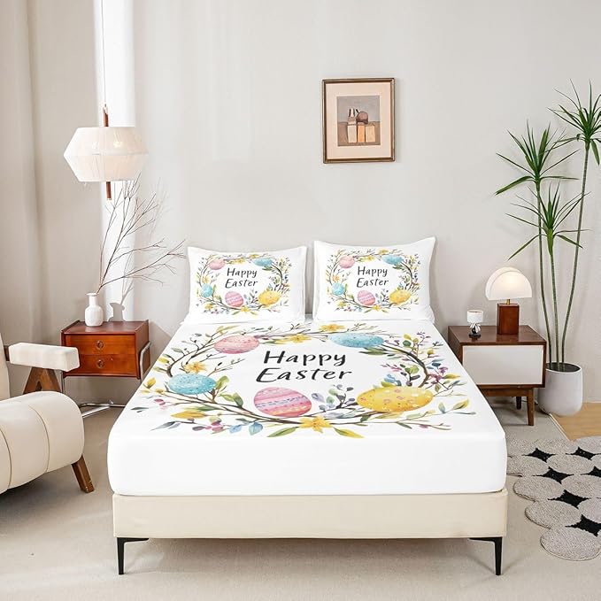 Happy Easter Fitted Sheet Full Size Flowers Floral Easter Eggs Bedding Set for Kids Bedroom Spring Holiday Farmhouse Bed Sheet Set 3pcs White Colorful Deep Pocket Mattress Cover,No Top Flat