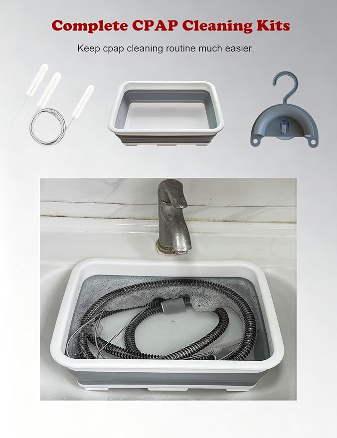 CPAP Cleaning Kit for Hose and Mask, Cpap Machine Supplies Cleaner Includes Tube and Mask Cleaning Brush, Foldable Wash Tub, Hose Drying Hanger - Compatible with 22mm and 15mm Tubing