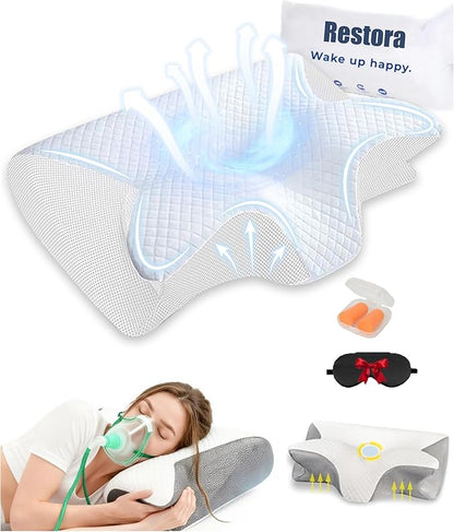 Official Pillow for Sleep Apnea, 15° Neck Elevation Design Odorless Orthopedic Cervical Neck Traction Pillows, Memory Foam Contour Pillow Snoring,Sleep Apnea Pillows for Sleeping, Hollow Design(White)