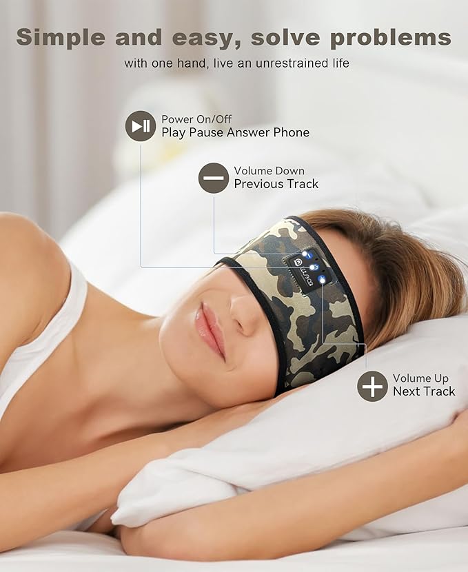 LOVE EYE Sleep Headphones Wireless Headband Headphones Bluetooth 5.4 for Side Sleeper Bluetooth Headband Earphones for Sports for tech Gadgets Gifts (Camouflage Brown)