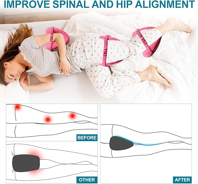 Knee Pillow for Side Sleepers, Memory Foam Leg Pillow for Side Sleeping, Cooling Knee Pillow with Strap for Hip Pain, Back Pain, Sciatica Pain Relief, Spine Alignment (Pink)