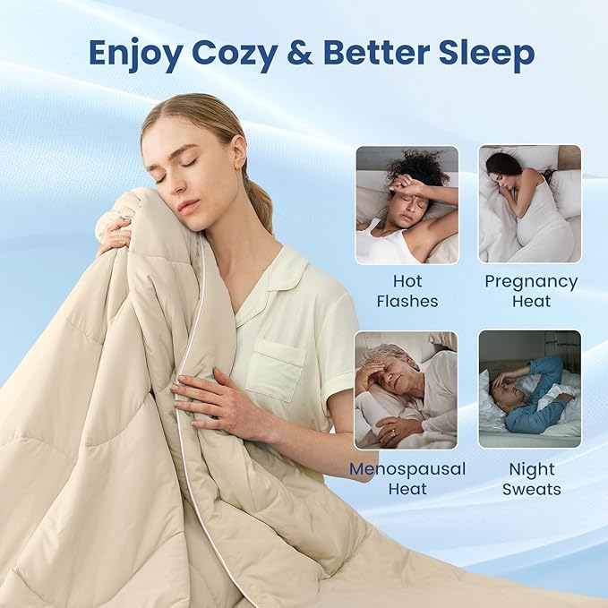 Cozy Bliss x Sorona® Viscose Natural Fiber Cooling Comforter King Size, Reversible Silky Smooth Cooling Blanket with Q-Max＞0.45 for Hot Sleepers & Night Sweats, Khaki, 106"x90"
