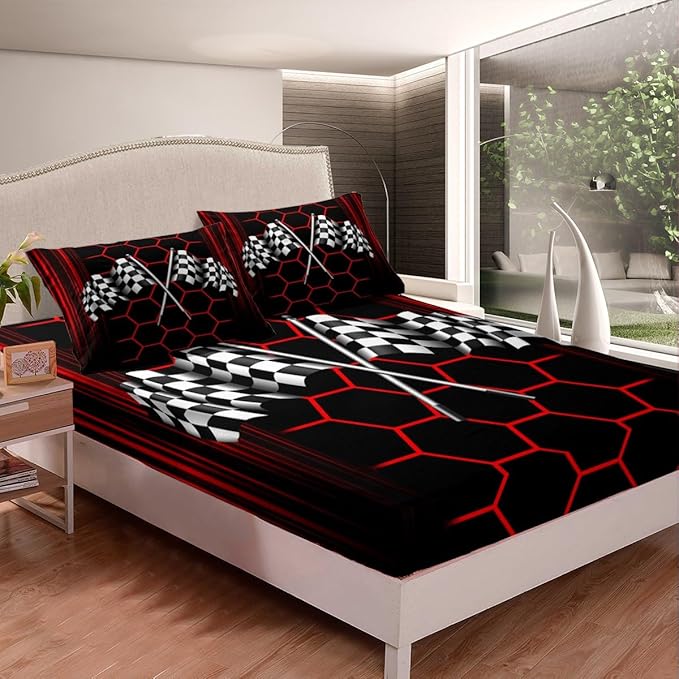 Extreme Sports Theme Fitted Sheet Queen Size,Checkered Flag Soft Bed Cover(1 Fitted Sheet+1 Pillow Case),Red Honeycomb Geometric Breathable Mattress Cover No Flat Sheet