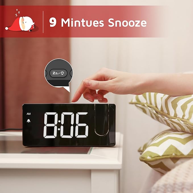 Projection Alarm Clock, Digital Clock with 180° Rotatable Projector, 3-Level Brightness Dimmer, Clear LED Display, USB Charger, Progressive Volume, 9mins Snooze,12/24H, Digital Alarm Clock for Bedroom