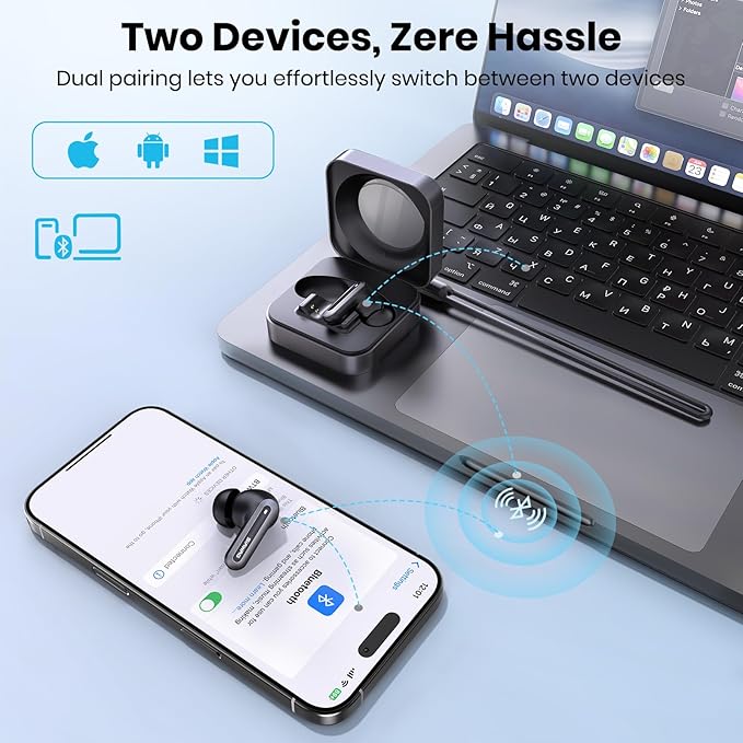 Bluetooth Headphones 5.4 Wireless Earbuds 2-in-1 Case and Phone Stand Noise Cancelling Earbuds Powerful Bass in-Ear Bluetooth 70H Playtime 35dB Hybrid ANC Waterproof for Sports/Workout Gray