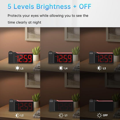 Peakeep Projection Alarm Clock for Bedroom Ceiling 180° Rotatable, Loud for Heavy Sleepers, Colorful Nightlight, 5 Brightness Dimmable Large Number Bedside Electric LED Digital Clock with USB Port