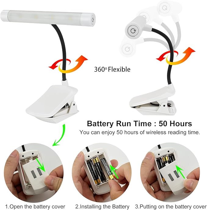 BIGMOANT Battery Operated Book Light, Reading Light with Clip, Eye Care Book Light, 2 Adjustable Brightness Set, Flexible Metal Neck, Perfect for Book Lovers (White, 2 Pack)