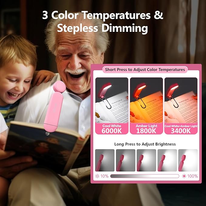 VAVOFO USB Rechargeable Blue Light Blocking Amber Clip On Bookmark Shaped Reading Light for Bookworms Reading in Bed (Pink)
