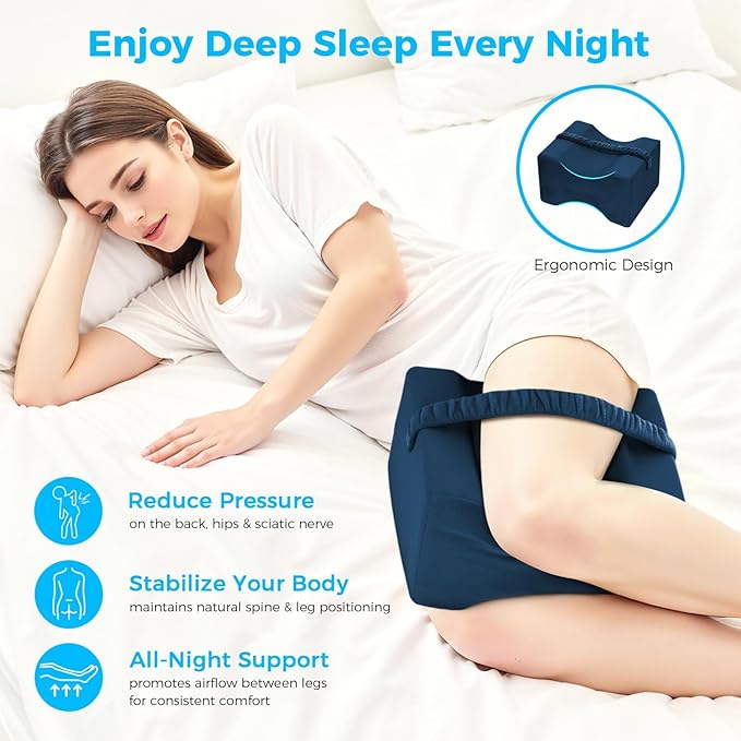 Knee Pillow for Side Sleepers, Memory Foam Leg Pillow with Strap for Side Sleeping, Supportive Elevation Pillow Between Legs for Knee, Ankle Sciatica, Pregnancy, Joint Pain (Blue/Regular)