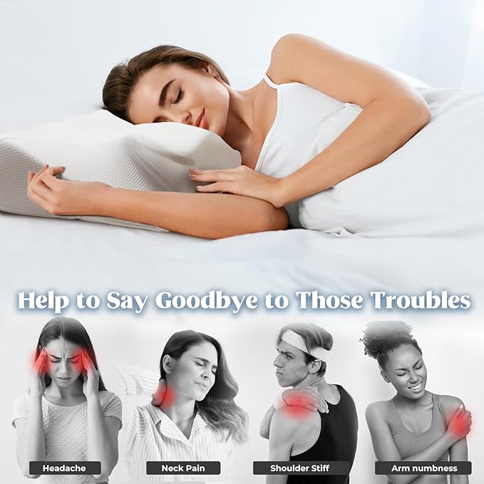 Cervical Pillow for Neck Pain Relief, Cooling Contour Memory Foam Pillows Support Odorless Ergonomic Neck Pillow Adjustable Orthopedic Bed Pillow for Side Back Stomach Sleeper with Pillowcase,White