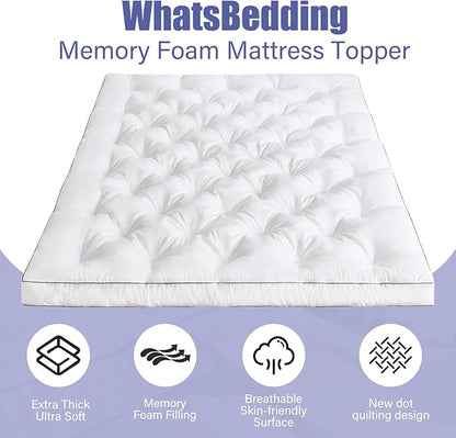 WhatsBedding 4 Inch Memory Foam Mattress Topper King Size for Pressure Relief, Extra Soft and Breathable Pillow Top
