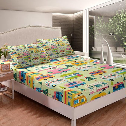 Cartoon Camping Truck Kids Fitted Sheet Queen Size,Camper RV Trailer Adventure Bedding Set,Boys Girls Room Decor,Jungle Pine Trees Rustic Nature Bed Cover,Green Bed Sheet,2 Pillowcases(No Top Sheet)