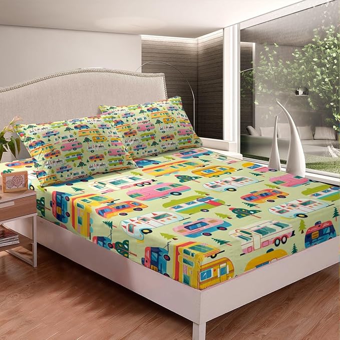 Cartoon Camping Truck Kids Fitted Sheet Twin Size,Camper RV Trailer Adventure Bedding Set,Boys Girls Room Decor,Jungle Pine Trees Rustic Nature Bed Cover,Green Bed Sheet,1 Pillowcase(No Top Sheet)