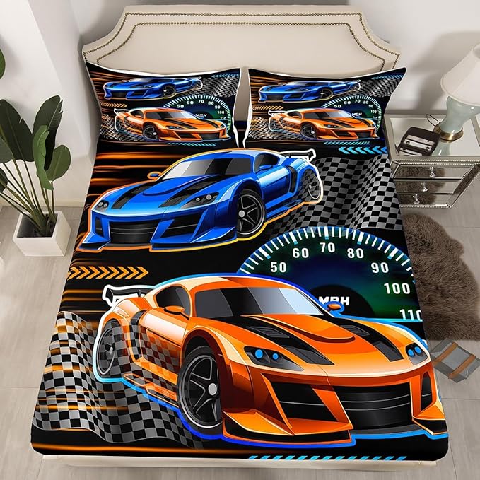 Extreme Sports Fitted Sheet Set with 2 Pillowcase,Cartoon Street Style Microfiber Mattress Cover,Racing Car Bed Cover Queen Size