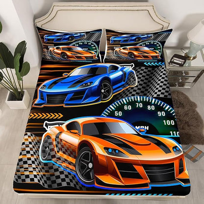 Extreme Sports Fitted Sheet Set with 2 Pillowcase,Cartoon Street Style Microfiber Mattress Cover,Racing Car Bed Cover Queen Size