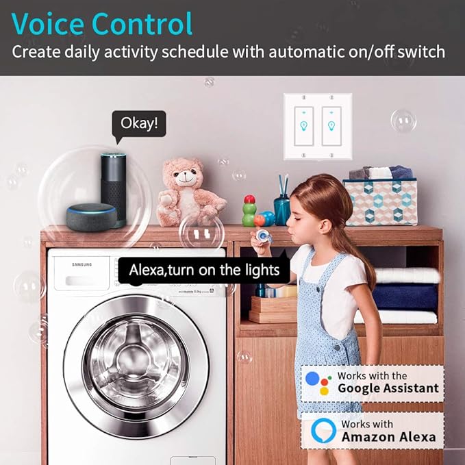 Smart Light Switch, Compatible with Alexa, Google Home IFTTT, App and Voice Control, Timing Function, No Hub Required, Suitable for 2/3/4 Box, Neutral Wire Needs MICMI, 2 Gang
