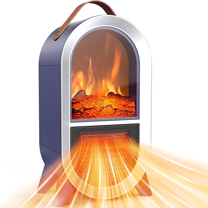 Portable Electric Fireplace Heater, 1500W/750W Mini Space Heater for Indoor Use with 3D Flame, Thermostat, Carry Handle, Overheat & Tipover Protection, for Home Office Bedroom Desk, Blue