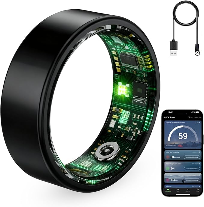 Smart Ring for Women & Men, Fitness Tracker Ring with Heart Rate Monitor, HRV, Sleep Tracking, No Subscription Fee, 10ATM Waterproof Activity Ring for iPhone & Android (Black, 6)